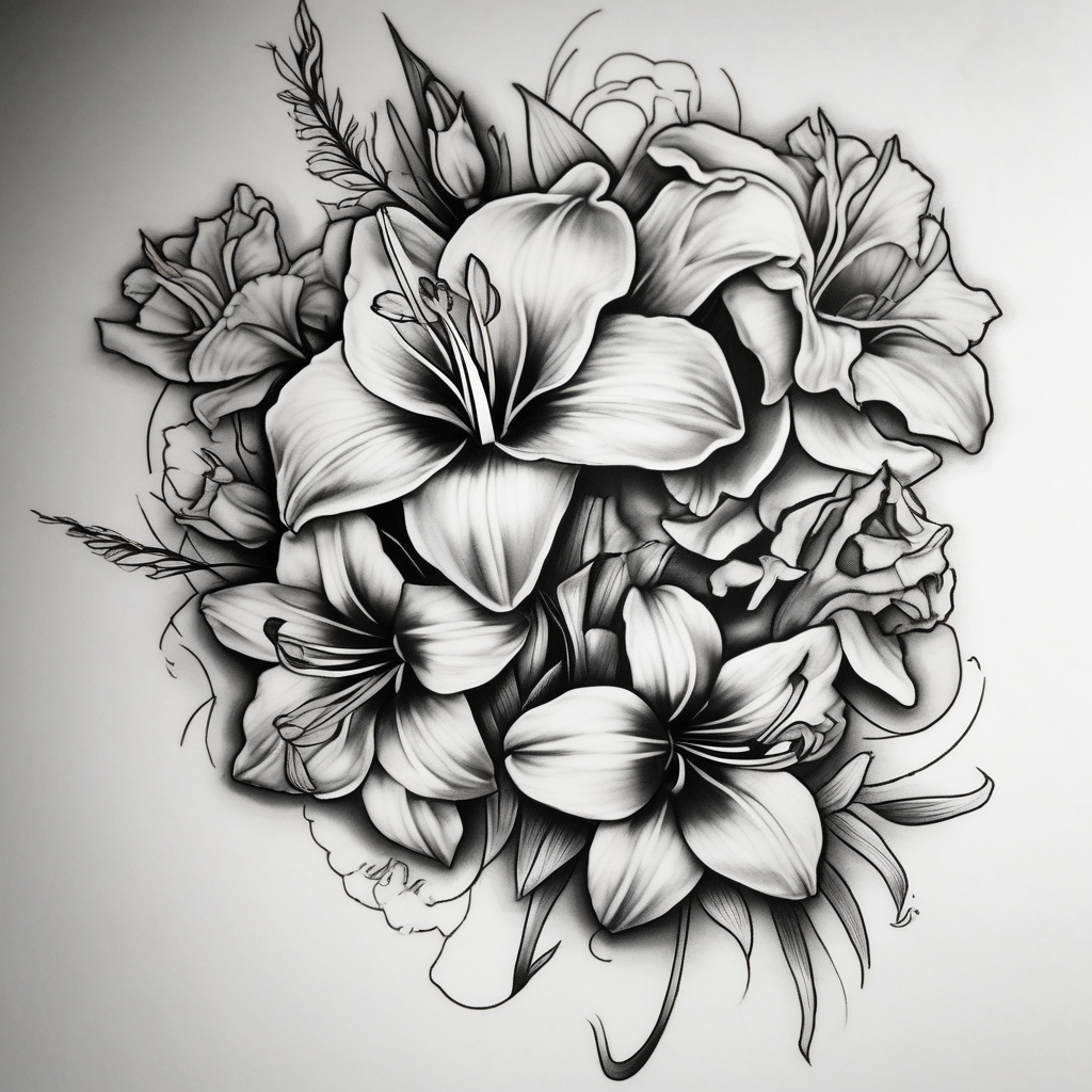 Calia Lily rose gadiolus carnation Narcissus flower sleeve on upper arm and shoulder half sleeve tattoos for men, AI-generated Black and White tattoo design